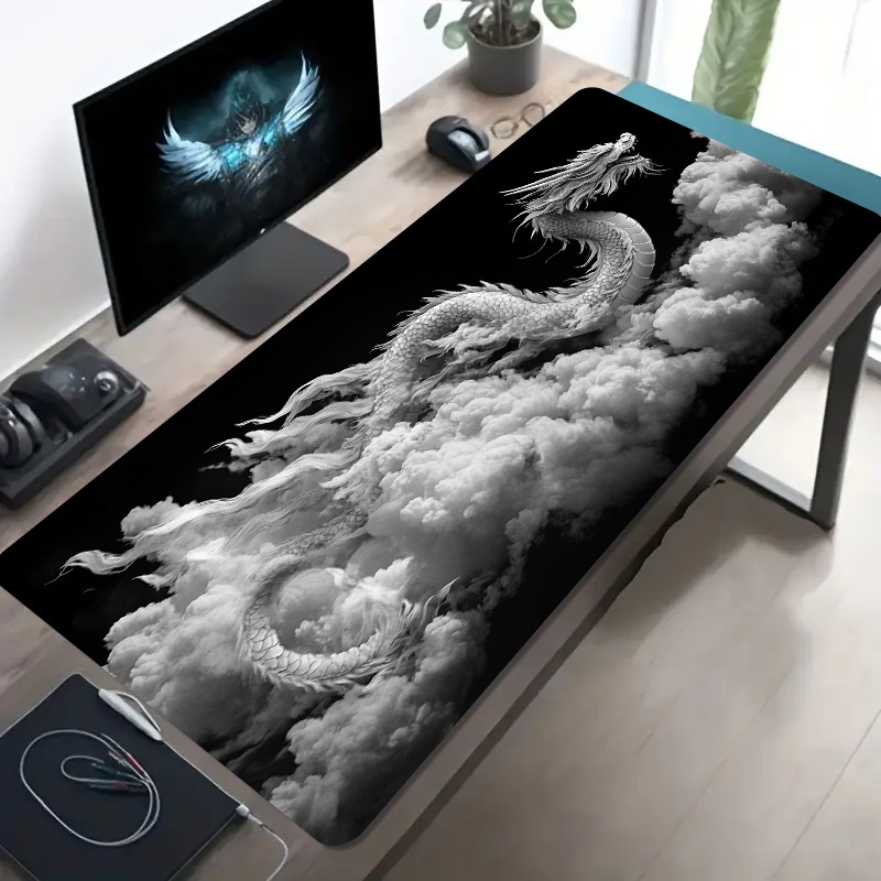 Desk Setup Pc And Laptop - 黒と白のドラゴン柄ゲーミングマウスパッド、大型滑り止めゴム製デスクマット、PC、ノートパソコン、オフィス、ゲーミングセットアップ用