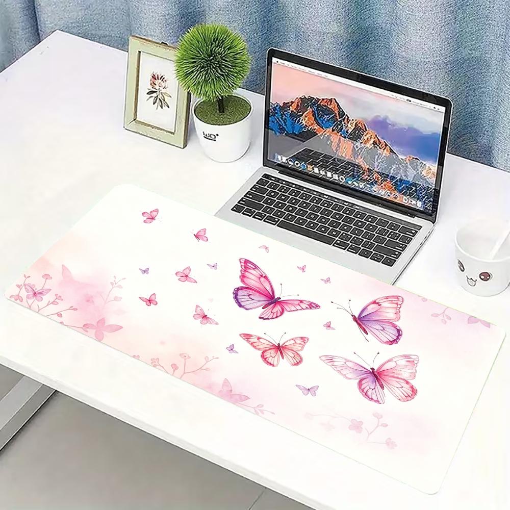 Desk Setup Pc And Laptop - 水彩画ピンク蝶柄大型ゲーミングマウスパッド滑り止めゴム製デスクマットキーボードマットPCラップトップオフィス家庭ゲーマーセットアップ用