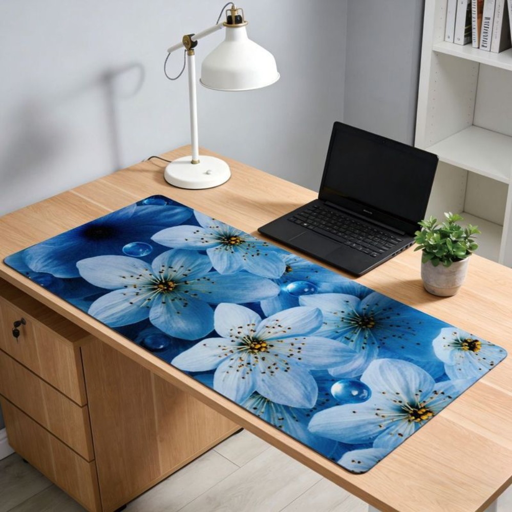 Desk Setup Designer - 精巧な青い花柄のデザインが施された美しいテーブルマット。 ゲーミングマウスパッド、デスクオーガナイザー、トレイ、装飾、ゲーマー向けセットアップ