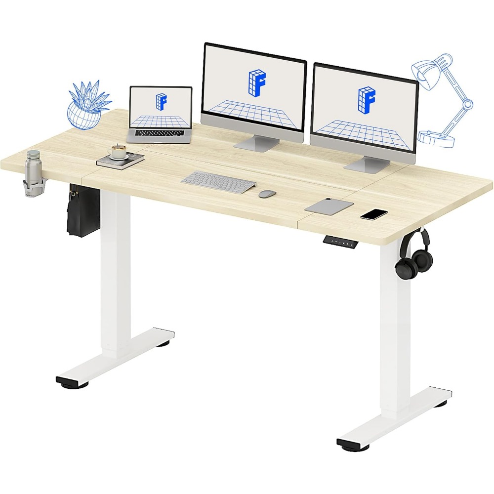 Desk Setup In Office - FLEXISPOT 63x32 インチ電動スタンディングデスク、ホワイトウッドグレイン | 広々としたワークスペース、ケーブル管理＆オーガナイザー、カップホルダー＆フック、ホームオフィス、マルチモニターセットアップ