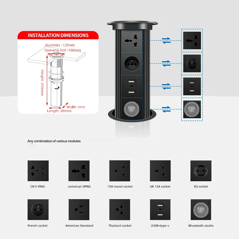 Desk Setup Speakers - 電動ポップアップタワーソケットワイヤレス充電器自動電源プラグデスクトップワークトップ、EU FrソケットUSB Type-C Bluetoothスピーカー