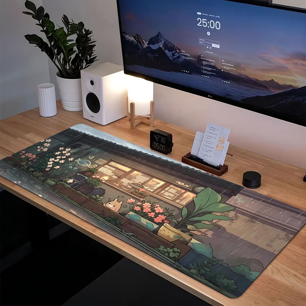 Desk Setup Pc And Laptop - コージーアニメストリート拡張ゲーミングマウスパッド、滑り止めゴムベース、大型デスクマット、ノートパソコンPCゲーミングセットアップ装飾用マウスパッド