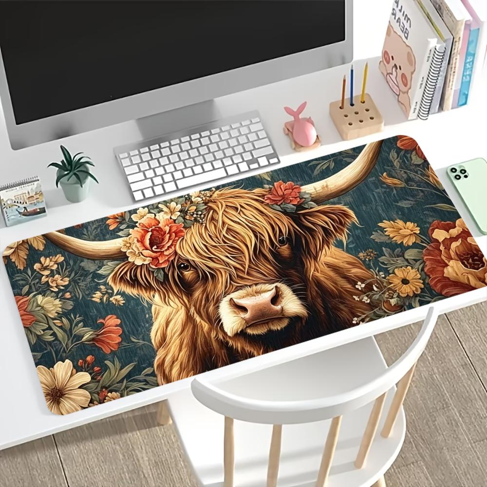 Desk Setup Pc And Laptop - ヴィンテージハイランドカウ柄ゲーミングマウスパッド、滑り止めゴム製デスクマット、縁縫い加工済み、PC、ノートパソコン、ホームオフィスセットアップ用