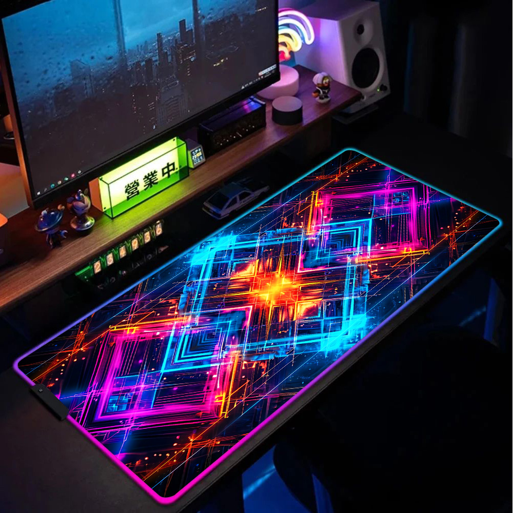 Desk Setup Rgb - ネオン幾何学エネルギーマトリックス Xxl マウスパッド 900x400 マウスパッド Rgb
