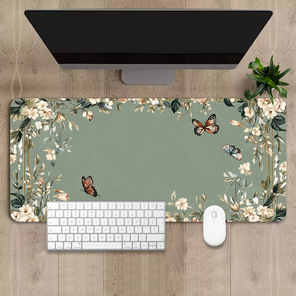 Desk Setup Designer - 蝶の模様と緑の花柄の植物柄テーブルマット、デコレーションセットアップ、ゲーマーデスクオーガナイザー、トレイ、タピス・デ・ソーリス