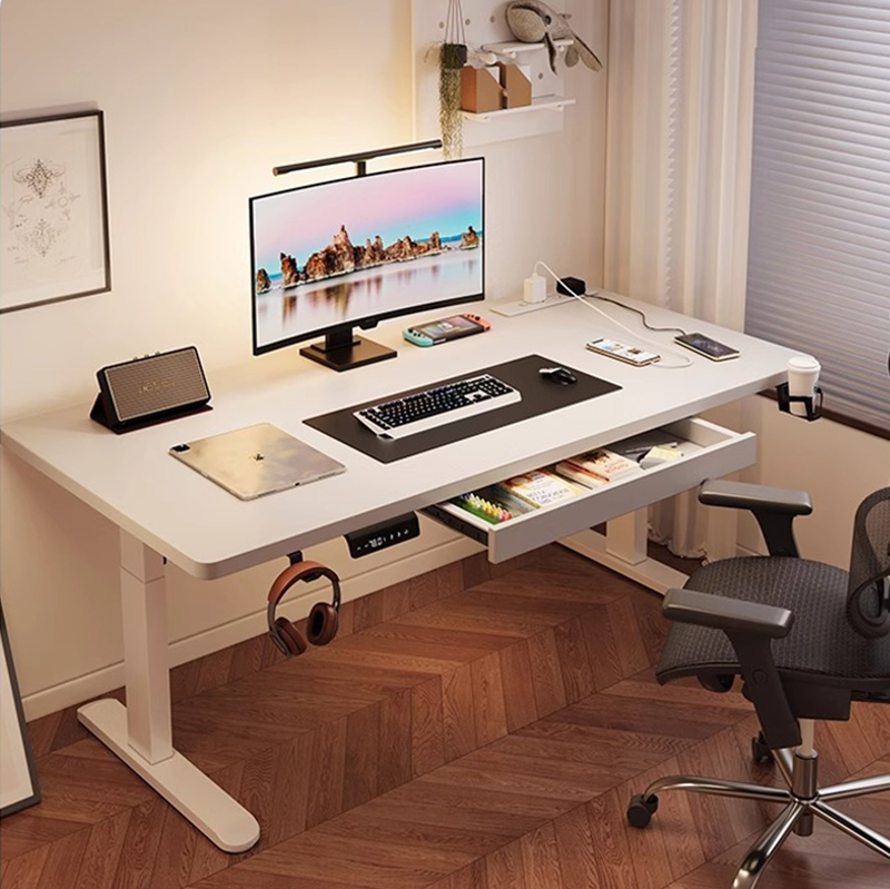 Desk Setup Designer - モダンな鉄製デュアルモーター電動スタンディングデスク、高さ調節可能な人間工学に基づいたデザイン、自宅/寝室オフィスでのデュアルモニターセットアップに最適