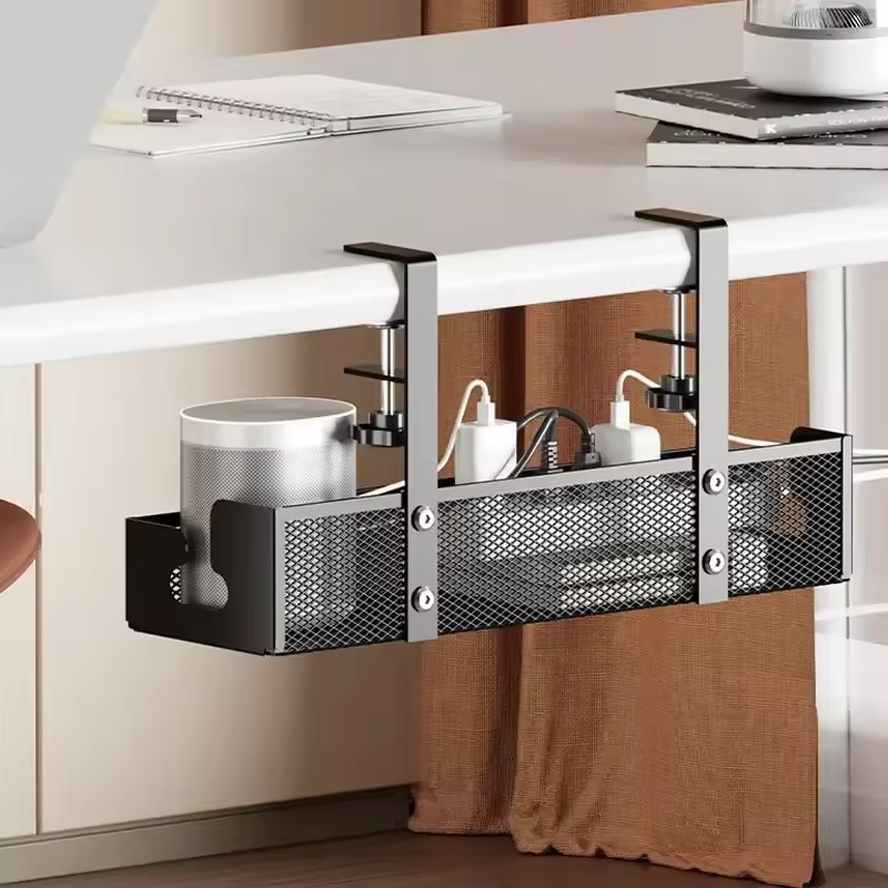 Desk Setup Living Room - デスクコード収納ラック、ドリル不要の設置、デスク下ケーブルオーガナイザー、メタルメッシュケーブル管理ボックス、高耐荷重ワイヤーホルダー