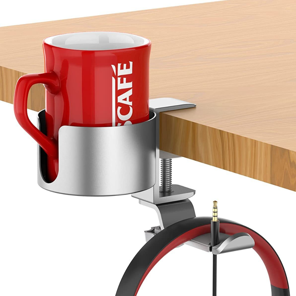 Desk Setup Designer - 360 ° 回転式デスクヘッドホンホルダー カップラック付き アルミニウムクランプマウント ドリル不要設計