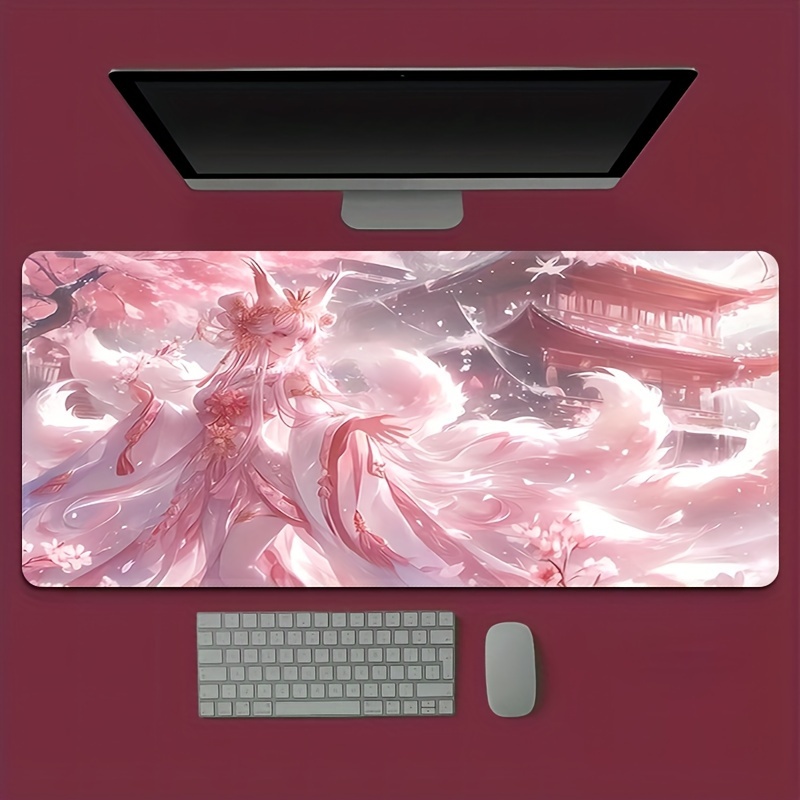 Desk Setup Designer - アニメ狐娘デスクマット、エーテルピンクの美しいデザインで魔法のようなデスクセットアップを実現する滑り止めゴム製ゲーミングマウスパッド