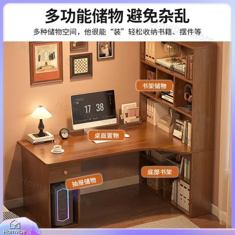 Desk Setup Dual Monitor - L字型コンピューターデスク、本棚付きコーナーデスク、ホームオフィス、ゲームセットアップ用、大型ライティングテーブル、デュアルモニター対応 E