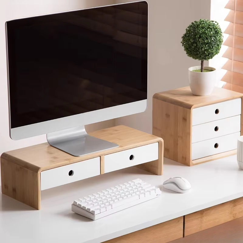 Desk Setup Living Room - 竹製ノートパソコンモニターライザー、エコフレンドリーなデスクトップオーガナイザー、引き出し付き、ホームオフィスデスクセットアップ用木製スタンド
