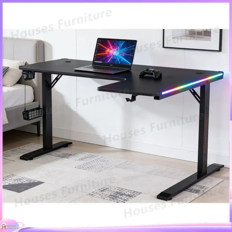 Desk Setup In Office - 大型160cmゲーミングデスク LEDライト付き 人間工学に基づいたeスポーツPCセットアップ ホームオフィスワークステーション 調節可能