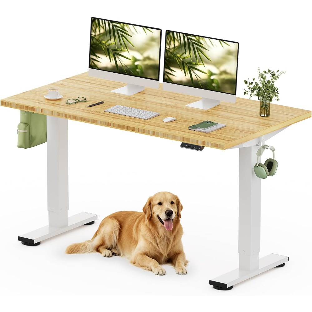 Desk Setup In Office - FLEXISPOT 55インチ x 28インチ ソリッドバンブースタンディングデスク、ホワイトフレーム |