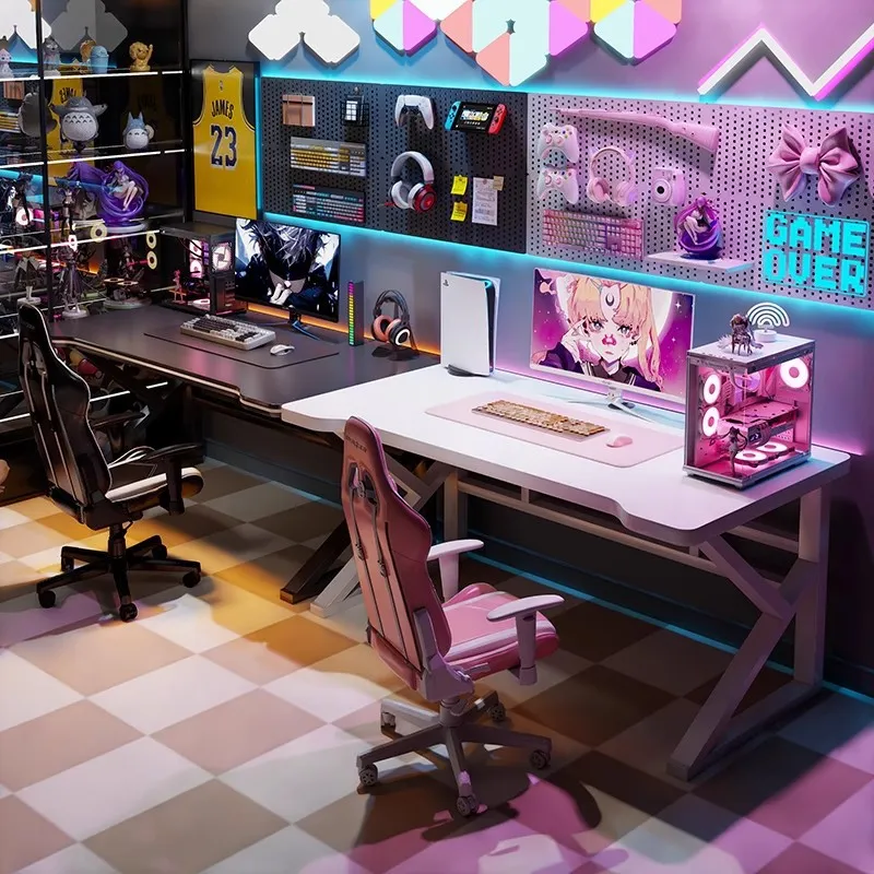 Desk Setup Bedroom - ダブルEスポーツゲーミングデスク、ホームオフィスや寝室用のロングコンピューターテーブル、カップル用サイドバイサイドPCデスクトップセットアップ