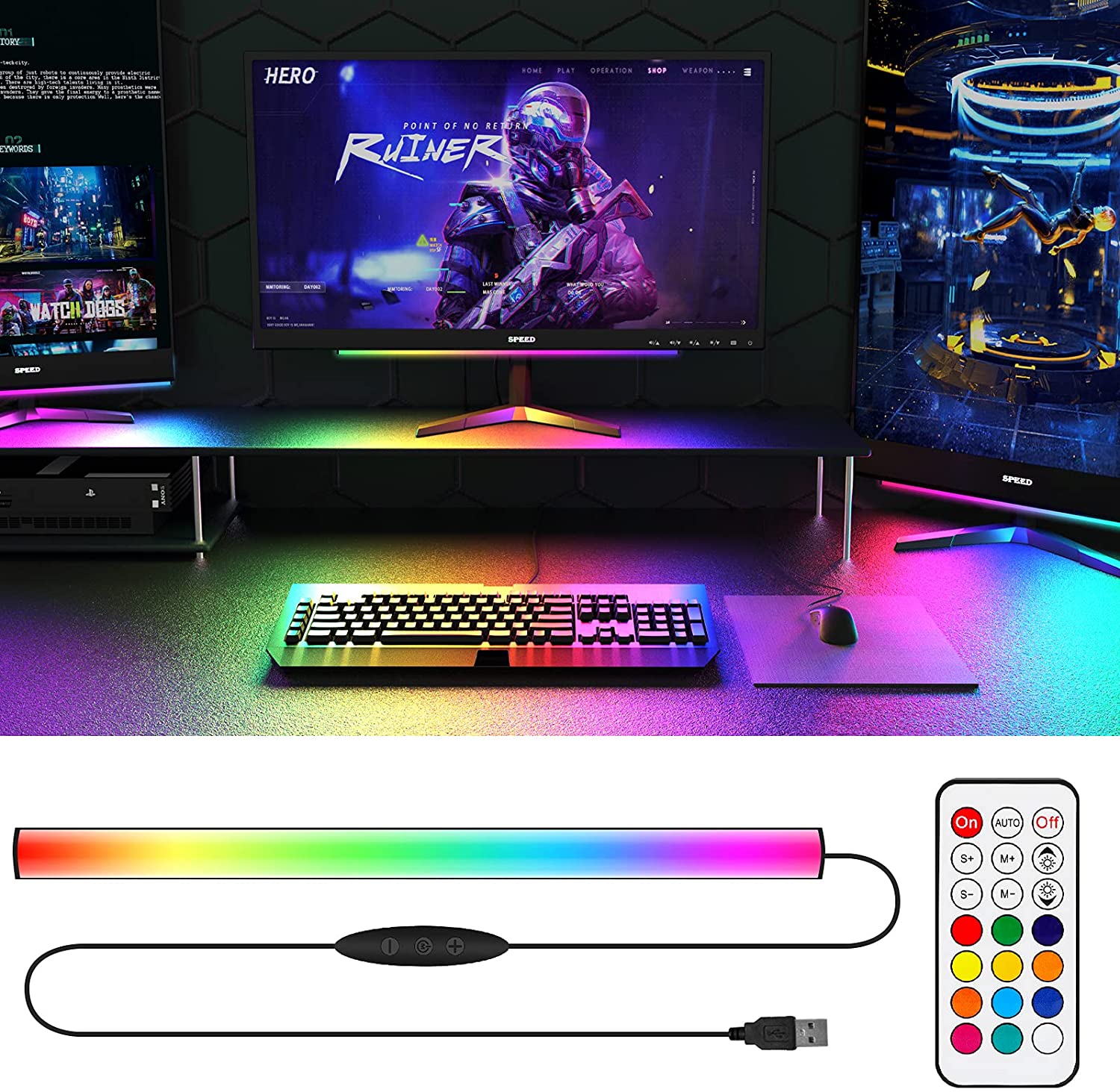 Desk Setup No Monitor - アンダーモニターライトバー RGB Dreamcolor アンビエントネオンサイン リモコン付き ゲームルーム装飾用