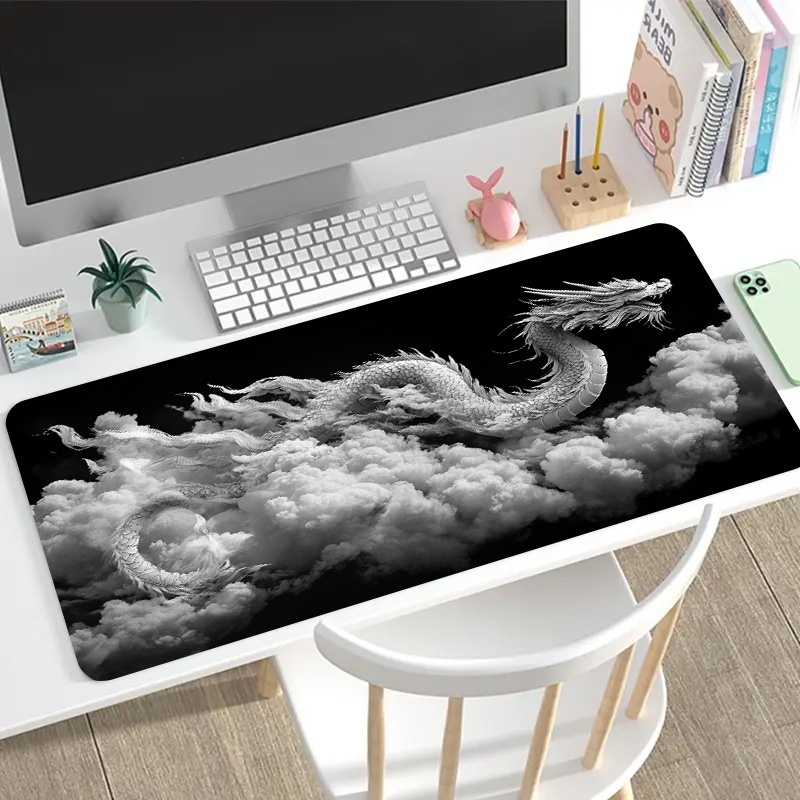 黒と白のドラゴン柄ゲーミングマウスパッド、大型滑り止めゴム製 - Desk Setup Pc And Laptop のレビューと価格