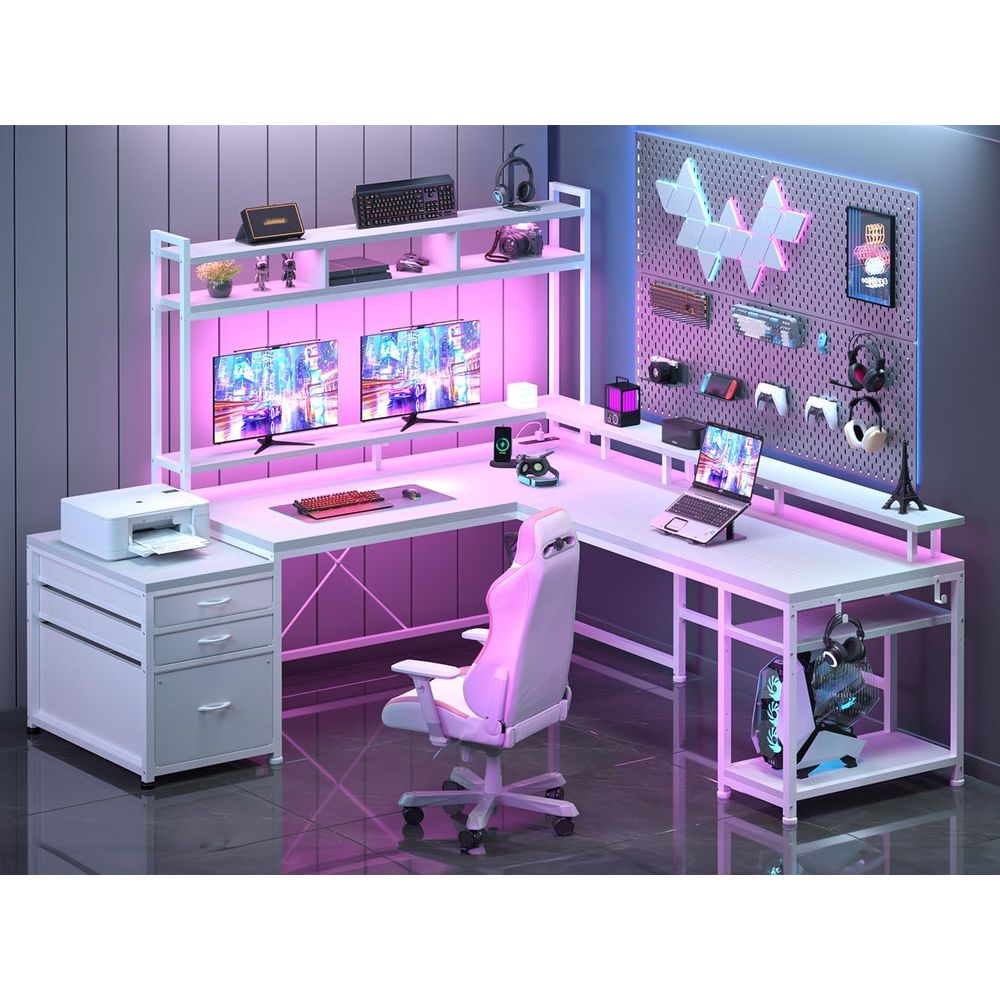 104インチL字型デスク、2人用ホームオフィス向け、4つのサ - Desk Setup Dual Monitor のレビューと価格