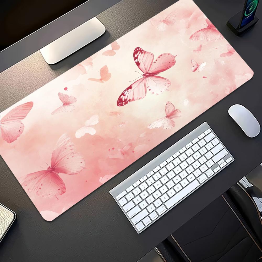 水彩画ピンク蝶柄大型ゲーミングマウスパッド滑り止めゴム製デス - Desk Setup Pc And Laptop のレビューと価格