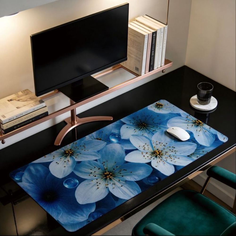 精巧な青い花柄のデザインが施された美しいテーブルマット。 ゲ - Desk Setup Designer のレビューと価格