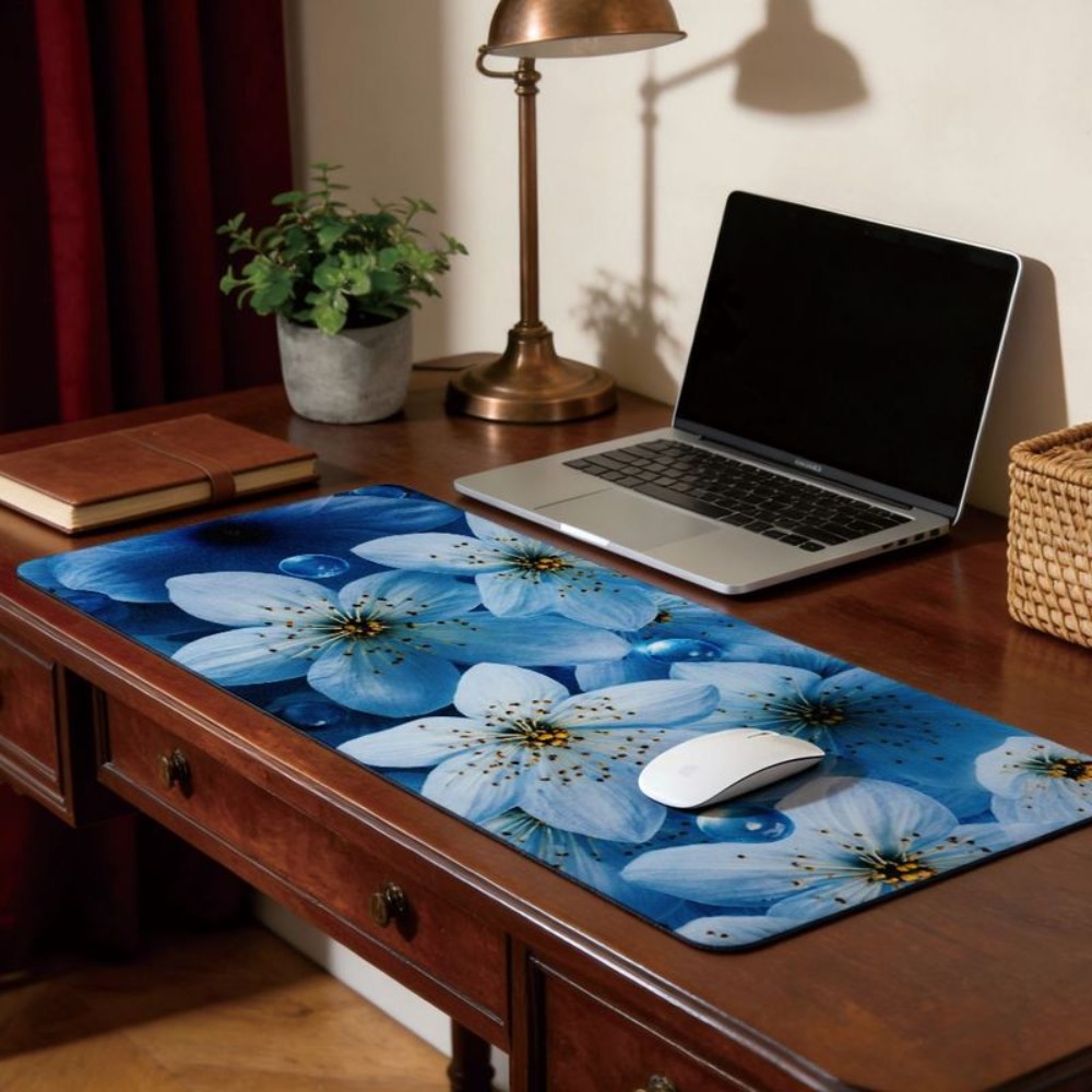精巧な青い花柄のデザインが施された美しいテーブルマット。 ゲ - Desk Setup Designer のレビューと価格