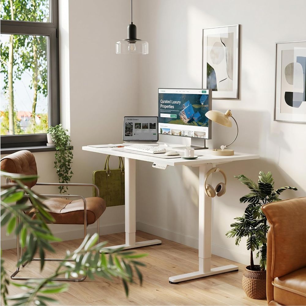 電動昇降デスク 48x24 - 人間工学に基づいたシットスタ - Desk Setup Dual Monitor のレビューと価格