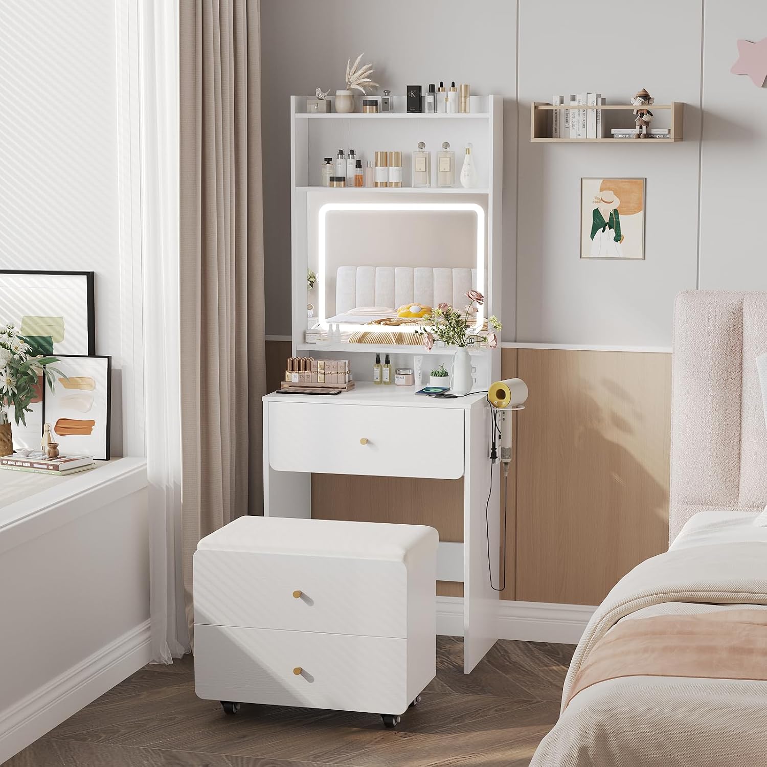 鏡とライト付きメイクアップ化粧台、収納付き小型化粧台、充電ス - Desk Setup Bedroom のレビューと価格